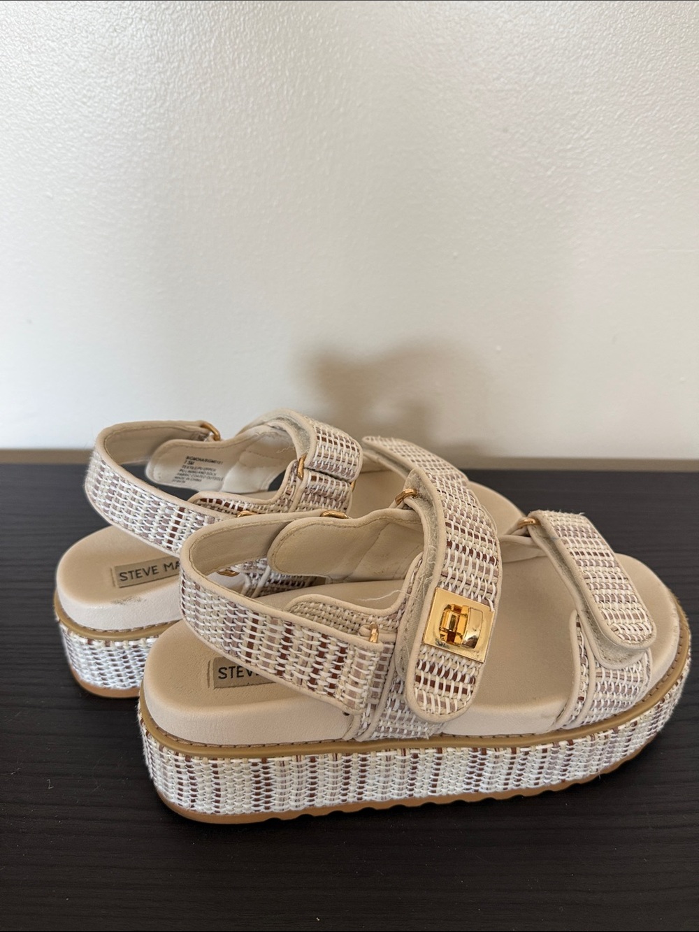 Steve Madden Cream Woven Platform Sandals with Gold Accent